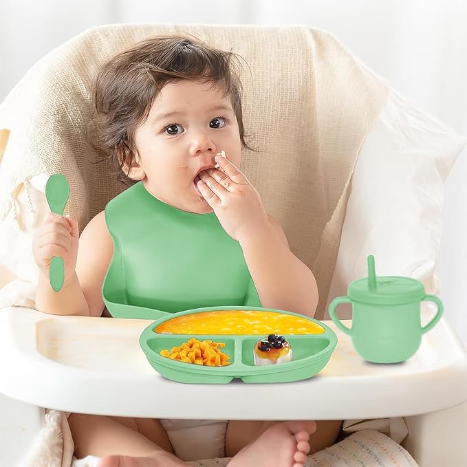 Dormlony 100% Silicone Baby Feeding Set,BPA Free Baby Dishes Set with Suction Bowl Divided Plate,Toddler Self Feeding Dish Set with Spoons Forks Sippy Cup and Bib, Baby Eating Utensils (Neon Green)