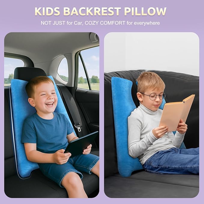 Car Pillow for Kids, Travel Pillow with Adjustable Strap, Kids Floor Pillows Cushions for Adults and Children to Support Head and Body Road Trip Essentials (Blue)