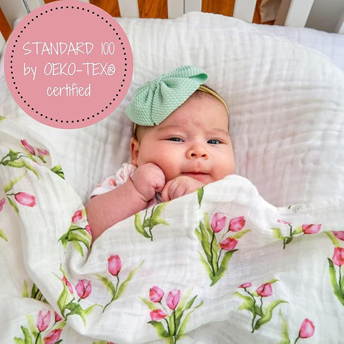 LollyBanks Muslin Swaddle Blankets 2PACK, 100% Cotton Baby Blanket 47 x 47 Inches, Large Baby Swaddle Breathable, Muslin Blankets for Girls (Hydrangea and Tulip Print)
