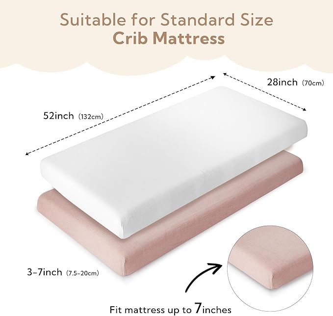 SOULFUL Muslin Crib Sheets for Boys Girls, 2 Pack Soft and Breathable Cotton Fitted Crib Sheets for Standard Crib Mattress (28"x 52", White & Dusty Rose)