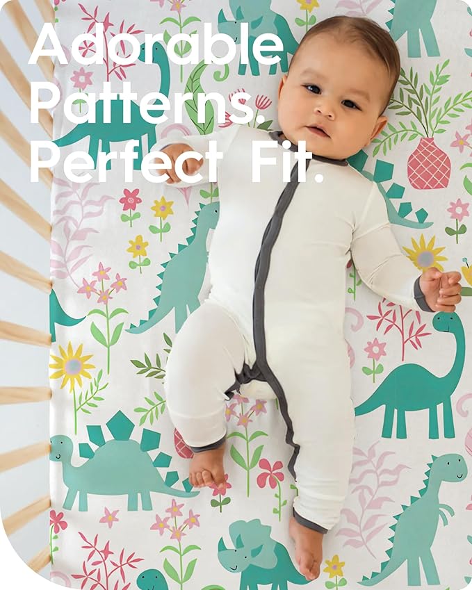 TotBasic Dinosaur Crib Sheets for Boys, Premium Soft Crib Mattress Fitted Sheet, Ultra Breathable Baby Sheets, Super Stretchy Baby Bed Sheets 28x52x9 Extra Deep Pocket, 2 Pack