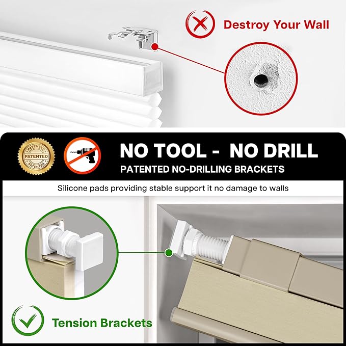 LazBlinds Cordless Cellular Shades, No Tools No Drill Light Filtering Honeycomb Shades Pleated Blinds for Windows, 29'' W x 64'' H, Mocha