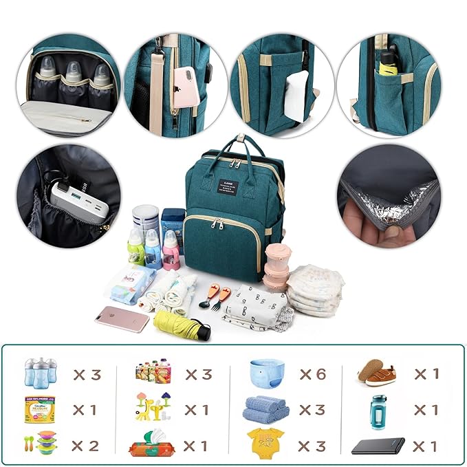 Baby Diaper Bags with Changing Station,Waterproof Diaper Bag Backpack for Moms Dads with USB Charging Port,Large Capacity Multifunctional Baby Essentials(Green)
