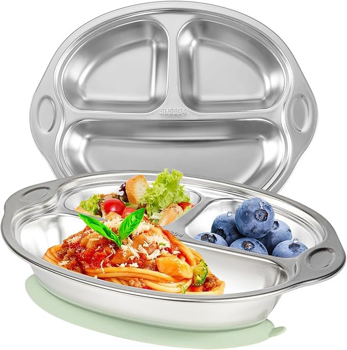 Mrs. Chou Stainless Steel Baby Suction Plates: Divided Plates for Babies and Toddlers, Made of 100% Food-Grade Materials Ideal for Baby-Led Weaning BPA-Free Toddler Feeding Dishwasher Safe Green