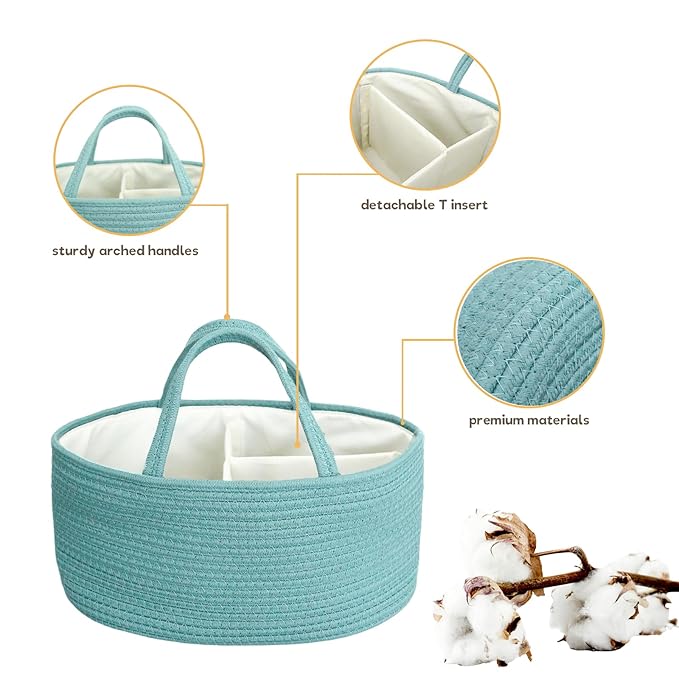 luxury little Diaper Caddy Organizer, Large Cotton Rope Nursery Baby Basket, Changing Table Organizer for Baby Diaper Storage, Portable Car Organizer Removable Divider (Lake Blue, Large)