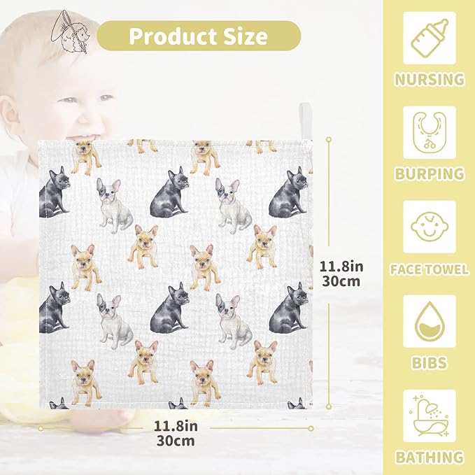 Baby Washcloths Cotton Pets French Bulldog Baby Muslin Washcloths Soft Baby Face Towel for Newborn Infants Baby Wipes, 11.8 X 11.8 Inch, 3 Pack