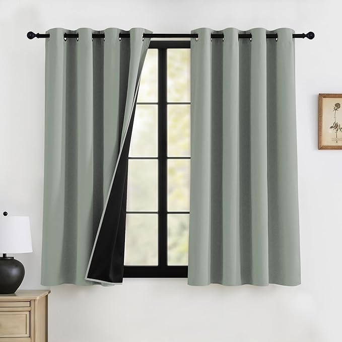 RYB HOME 100% Blackout Curtains 63 inches Length, Temperature Balance Total Room Darkening Noise Reducing Curtains for Bedroom Dorm Sleep, 52 inches Wide by 63 inches Long, Sage Green