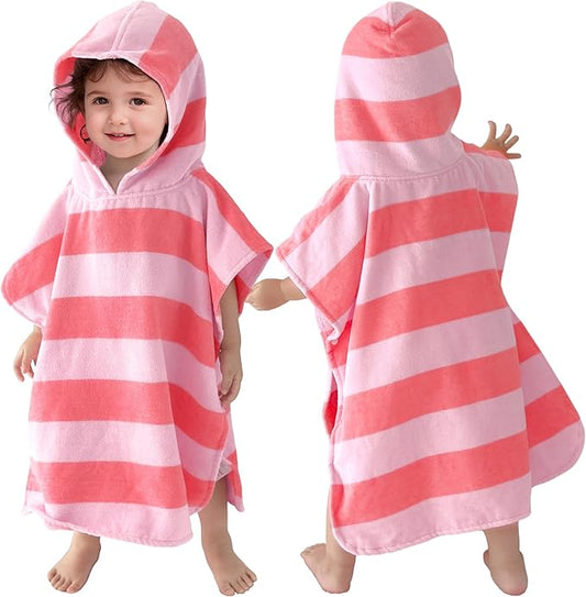 VOOVA & MOVAS Baby Towels with Hood, Oversized (2-4Years,22"X22") Made from 100% Soft Cotton,Absorbent Hooded Poncho Towel for Toddler Girls,Perfect for Pool | Swimming | Bath | Beach,Pink Bar Stripe