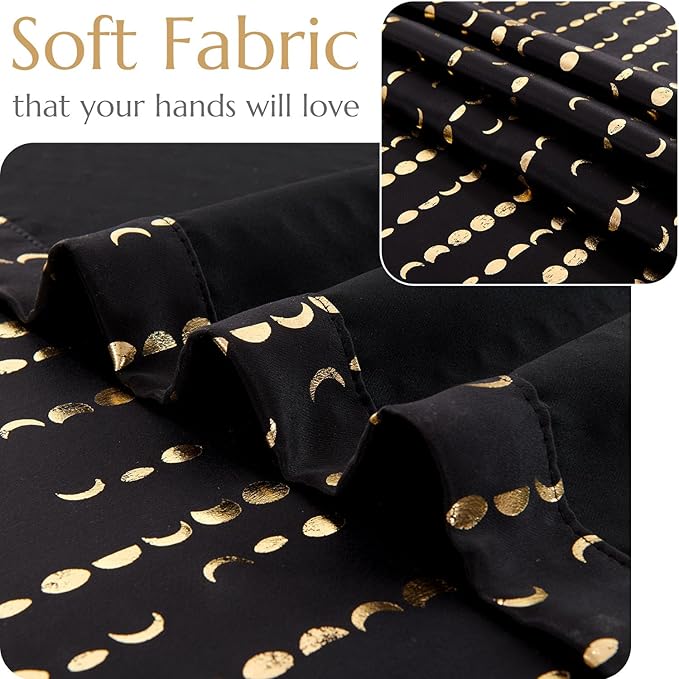jinchan 95% Blackout Curtains 84 Inch Long for Bedroom Boho Curtains Moon Phases Printed Golden on Black Drapes Rod Pocket Back Tab Darkening Retro Bedroom Pattern Curtains 2 Panels