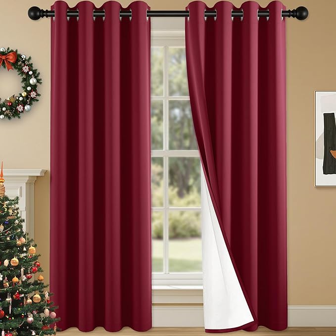 100% Blackout Curtains 95 Inch Length for Bedroom Living Room, Grommet Thermal Insulated Room Darkening Drapes, Light Blocking Window Treatment Decor, 2 Panels, 54x95, Burgundy Red