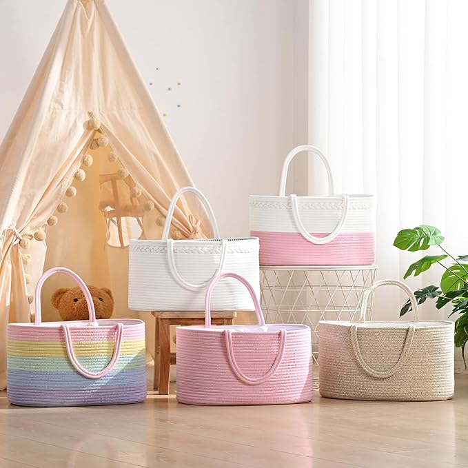 13.5L Baby Diaper Caddy Organizer, 15.3"x9.8"x7" Cotton Rope Diaper Basket, Changing Table Storage Caddy With Removable Divider, Baby Basket for Nursery, Car, Diapers, Baby Shower Gifts for Newborn