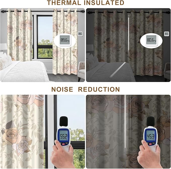 Floral Bedroom Living Room Blackout Window Curtains 84 Inch Long, Room Darkening Black Out Bedroom Curtains 2 Panel Sets, Grommet Nursery Girls Light Filtering Soundproof Insulated Curtains for Winter