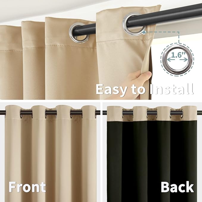BGment Thermal Insulated 100% Blackout Curtains for Bedroom with Black Liner, Double Layer Full Room Darkening Noise Reducing Grommet Curtain (38 x 84 Inch, Beige, 2 Panels)