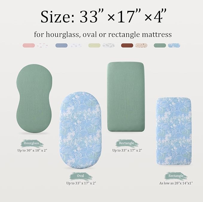 Organic Cotton Muslin Bassinet Sheets, 2 Pack – Soft, Breathable, Universal Fit for Oval, Rectangle & Hourglass Mattresses, Machine Washable, Neutral Colors for Baby Boys & Girls