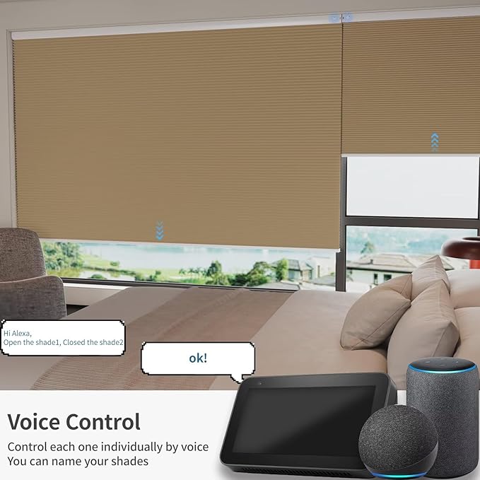 MYshade Motorized Cellular Shades - Smart Blinds Compatible with Alexa/Google Home/SmartThings, 100% Blackout Rechargeable Cordless Honeycomb Blinds, Custom-Size Auto Shades for Windows (Light Brown)