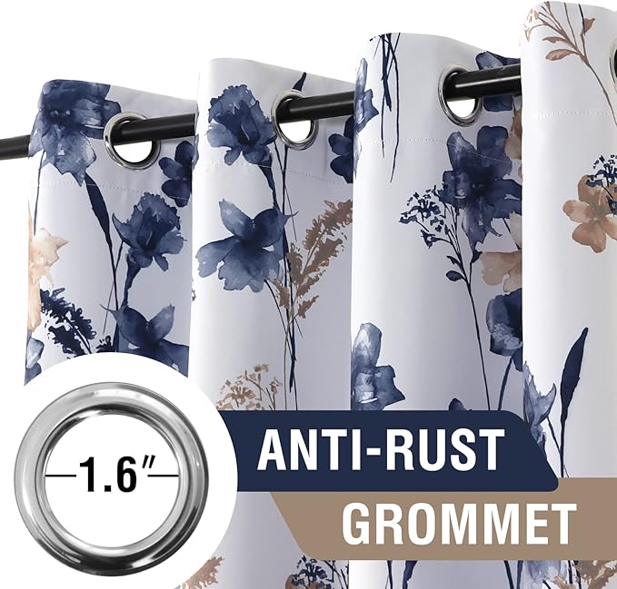 H.VERSAILTEX 100% Blackout Curtains 108 inch Length 2 Panels Set Cattleya Floral Printed Drapes Leah Floral Thermal Curtains for Bedroom with Black Liner Sound Proof Curtains, Navy and Taupe