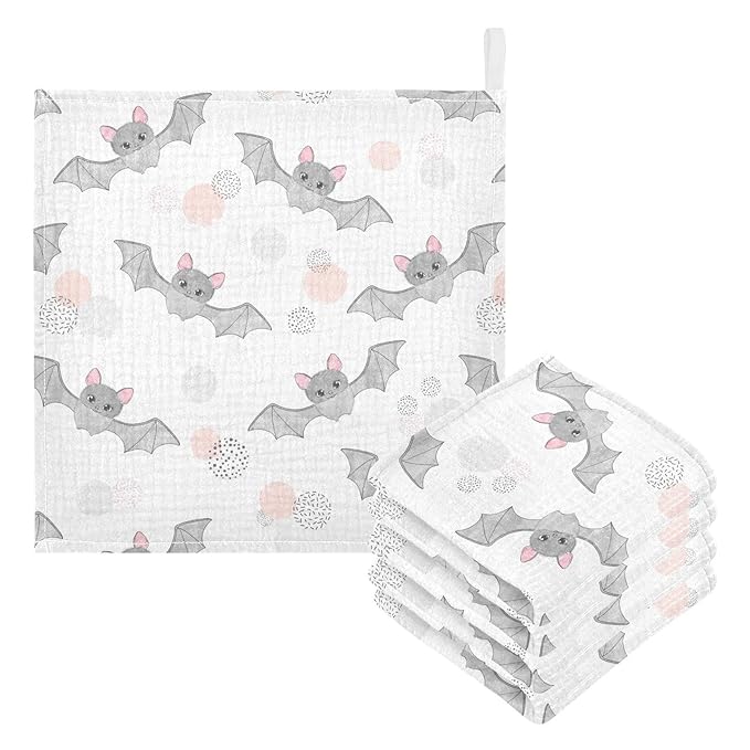 vvfelixl Cute Watercolor Flying Bats Baby Burp Cloths Baby Muslin Washcloths for Boys Girls Cotton Baby Face Towel for Newborn Infants Soft and Absorbent 11.8 X 11.8 in, 5 Pack White