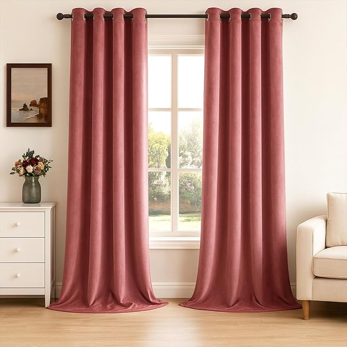 Topfinel Velvet Curtains 90 Inch Long, Dusty Rose Pink Blackout Thermal Nursery Light Blocking Window Curtains for Bedroom, Sound Dampening Victorian Privacy Decorative Drapes 2 Panels Preppy Decor