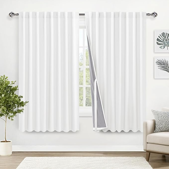 XWZO 100% Blackout Curtain with Tiebacks- Rod Pocket & Back Tab Thermal Insulated Black Liner Curtains, Noise Reducing and Heat Blocking Drapes for Large Windows, Ivory, W70 x L63, Set of 2