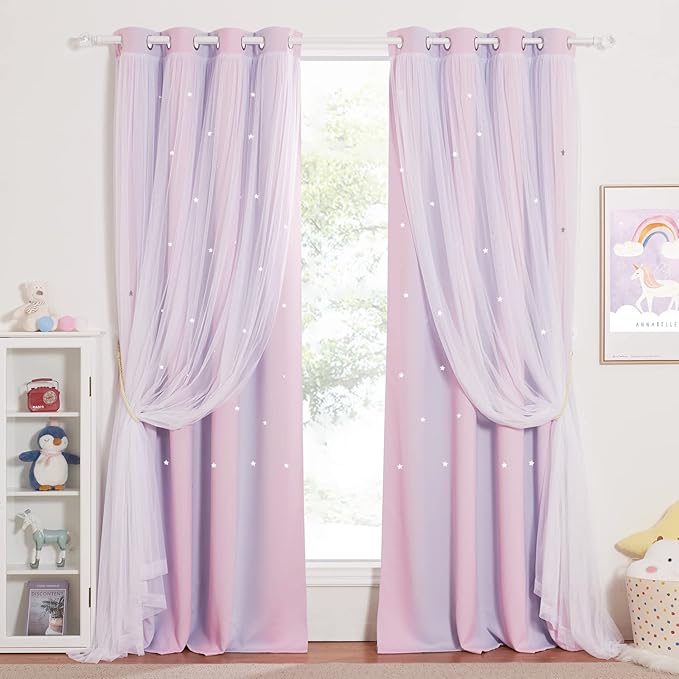 NICETOWN Nursery Room Darkening Rainbow Curtains for Bedroom Hollow-Out Star Window Drapes Curtain 84 inches Length for Living Room (Pink Purple, W52 X L84, 1 Pair)