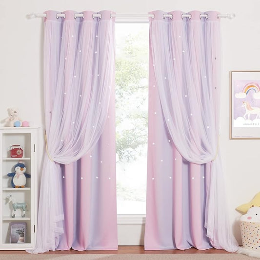 NICETOWN Nursery Room Darkening Rainbow Curtains for Bedroom Hollow-Out Star Window Drapes Curtain 84 inches Length for Living Room (Pink Purple, W52 X L84, 1 Pair)