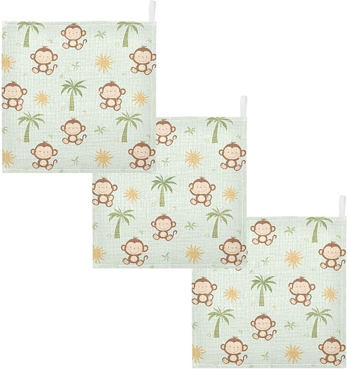 vvfelixl Baby Muslin Washcloths Cute Monkey Coconut Trees Baby Burp Cloths Cotton Babys Face Towel for Newborn Infants Boys Girls Soft and Absorbent 11.8 X 11.8 in, 3 Pack