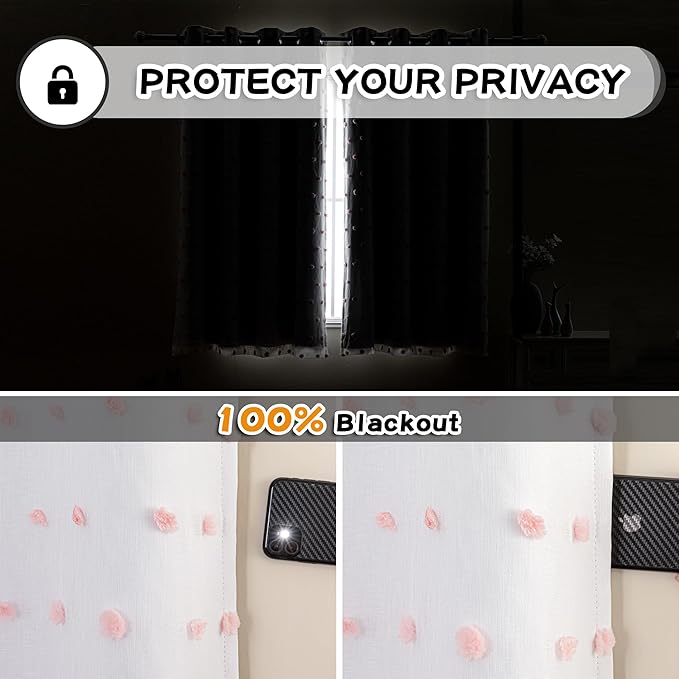 MYSKY HOME 100% Blackout Curtains for Girls Bedroom 80 Inch Long Total Light Blocking Curtains for Living Room 2 Panels Room Darkening Grommet Window Drapes with Pink Pom Pom Sheer 52W x 80L