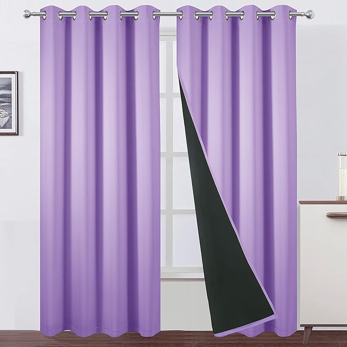 LEMOMO 100% Blackout Curtains 52 x 95 Inch/Lavender Curtains 2 Panels with Black Lining Room Darkening Thermal Insulated Bedroom Curtains