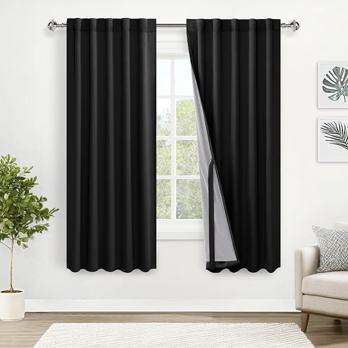 XWZO 100% Blackout Window Curtains - Thermal Insulated & Noise Reduction Black Liner Rod Pocket & Back Tab Window Treatment Sewn with Tiebacks for Bedroom/Living Room, Black, W42 x L63, Set of 2