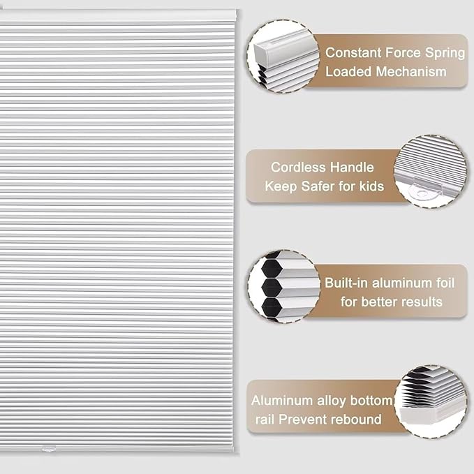 MYshade Cordless Blackout Cellular Shades, 1.5" Honeycomb Window Blinds for Bedroom & Nursery, Thermal Insulated, Noise Reducing, Privacy Shades, Inside or Outside Mount (26" W x 64" H, White)