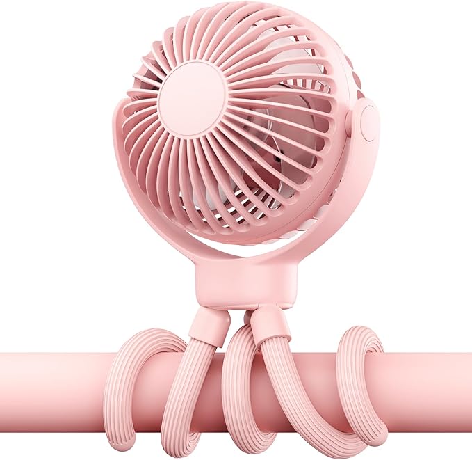 Portable Baby Stroller Fan - 3-Speed Flexible Tripod Personal Fan Clip on for Bed, Rechargeable Battery Powered, Newborn Summer Cooling Essentials for Car Seat, Bike, Sleep, Travel (Pink)