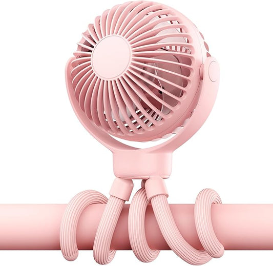 Portable Baby Stroller Fan - 3-Speed Flexible Tripod Personal Fan Clip on for Bed, Rechargeable Battery Powered, Newborn Summer Cooling Essentials for Car Seat, Bike, Sleep, Travel (Pink)