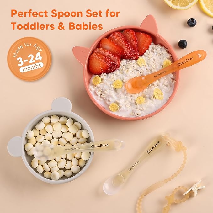 Omnilove Silicone Baby Spoons 2-Pack with Case, New Born Self Feeding Toddler Spoon, Baby Led Weaning Supplies, Toddler Utensils with Safety Chain, Baby Eating Essentials, Dishwasher Safe