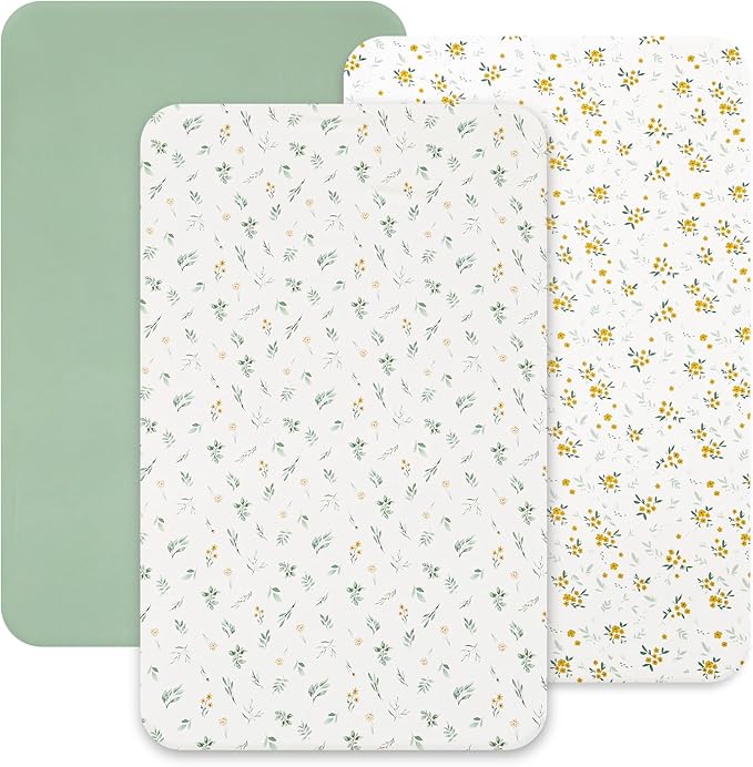 david's kids 3 Pack Mini Crib Sheets, Soft Breathable Premium Pack N Play Sheets for Baby Boys Girls Neutral, Playard and Mini Crib Mattresses, Leaf & Floral