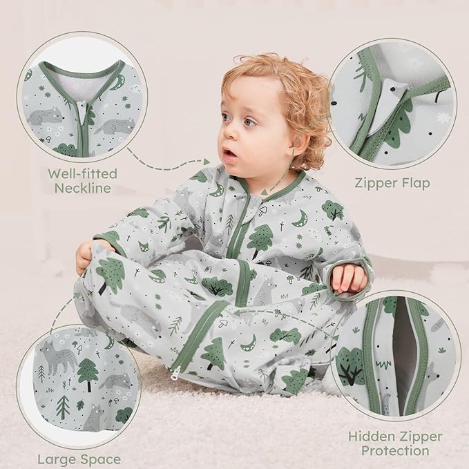 Yoofoss Baby Sleep Sack 12-18 Months Long Sleeve Wearable Blanket Baby 100% Cotton 2-Way Zipper 0.5 Tog Toddler Sleeping Sack, Lightweight(Large)