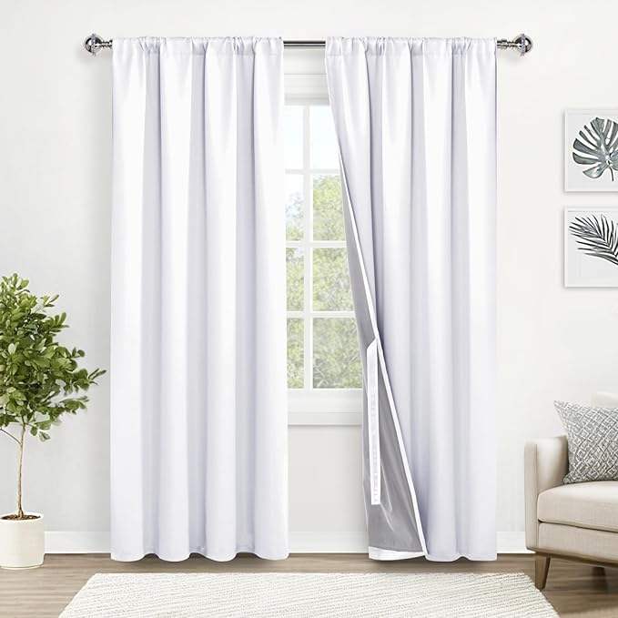 XWZO 100% Blackout Curtains 2 Panels with Tiebacks- Heat and Full Light Blocking Window Treatment with Black Liner for Bedroom/Nursery, Rod Pocket & Back Tab, White, W52 x L84 Inches Long, Set of 2