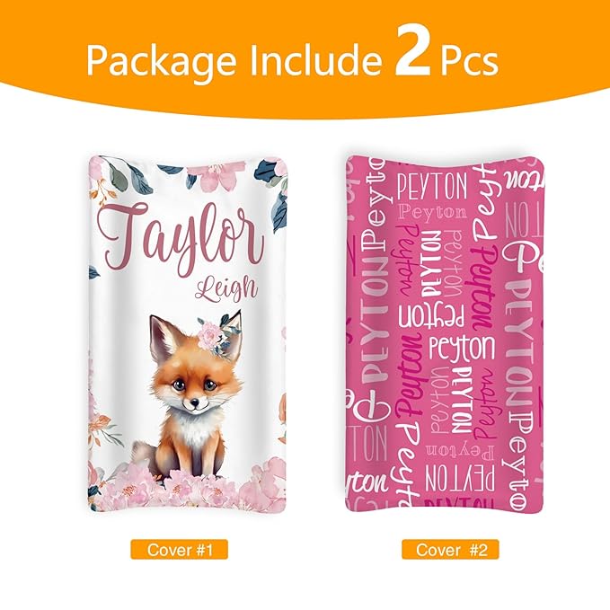 Custom Changing Pad Cover Set - Jersey Knit Ultra Soft Unisex Waterproof Diaper Changing Table Covers with Personalized Name for Baby Boys Girls - Comfy Cozy 2 Pcs Set Style17