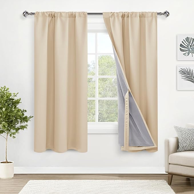 XWZO 100% Blackout Curtains 63 Inches Long - Rod Pocket & Back Tab Thermal Insulated Complete Room Darkening Window Panels with Tiebacks for Bedroom/Living Room, Biscotti Beige, W42 x L63, Set of 2