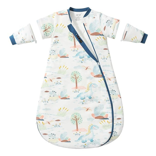 Baby Sleep Sack 18–24 Months, 2.5 TOG Warm Cotton Sleep Sack with Detachable Long Sleeves, Winter Wearable Blanket for Cold Nights, 2-Way Zipper Toddler Sleeping Sack, Dinosaur