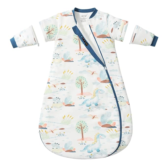 Baby Sleep Sack 12–18 Months, 2.5 TOG Warm Cotton Sleep Sack with Detachable Long Sleeves, Winter Wearable Blanket for Cold Nights, 2-Way Zipper Toddler Sleeping Sack, Dinosaur