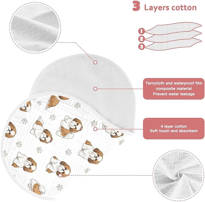 Qinllo 2 Pack Muslin Burp Cloths Shih Tzu Dogs White Cotton Baby Burp Cloths Ultra Absorbent and Soft Thick Burping Cloth for Newborn Must Haves 22x11 Inch