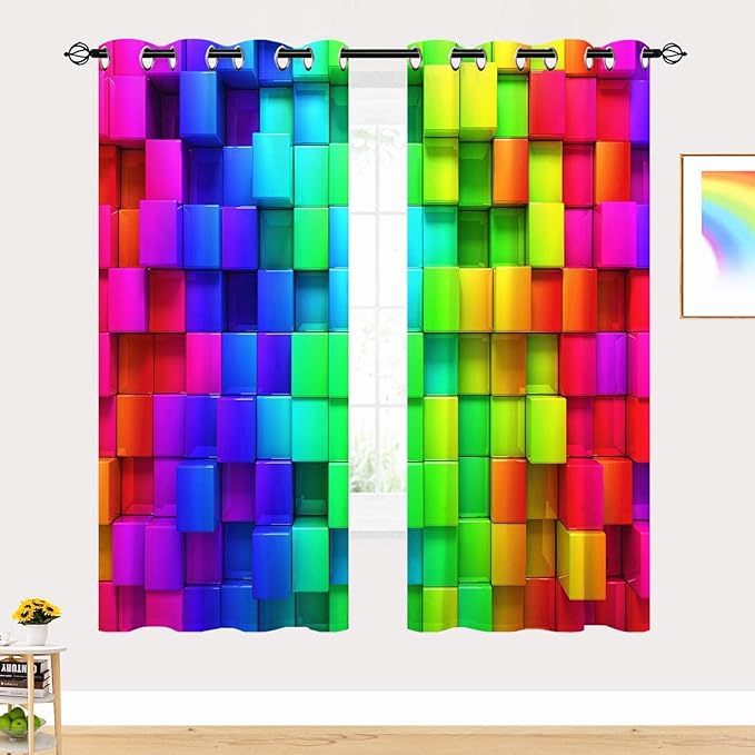 Colored Contour Curtains W29.5 x L65 Inch Grommet Thermal Insulated Blackout Window Drapes Abstract Rainbow Colorful Block Brick Print Pattern for Kids Boys Girls Nursery Baby Bedroom 2 Panels