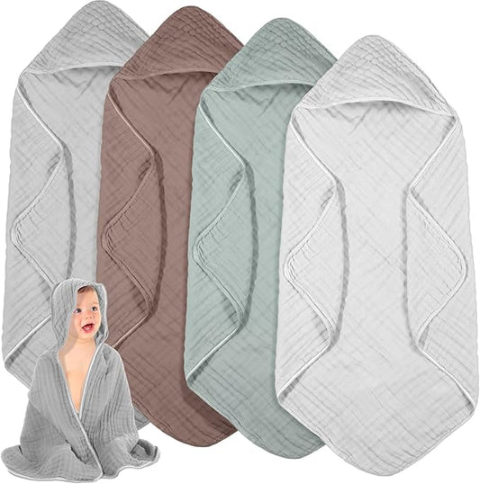 Peryiter 4 Pcs Muslin Hooded Baby Towels 32x32inch Cotton Newborn Bath Essentials Muslin Infant Blankets Absorbent Registry Baby Shower Present for Babies Girl Boy Kids (White,Gray,Green,Brown)