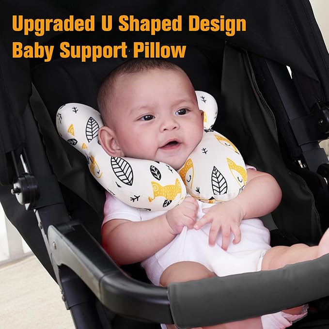 KAKIBLIN Baby Neck Pillow, Upgraded Baby Support Pillow for Head and Neck, Babies Head Pillow for Car Seat, Pushchair,Travel(Yellow Fox)