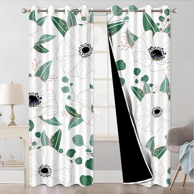 Blackout Curtains for Bedroom and Living Room, White Floral Black Out Curtains 84 Inch Length 2 Panels Set, Room Darkening Thermal Insulated Privacy Soundproof Farmhouse Patterned Grommet Drapes