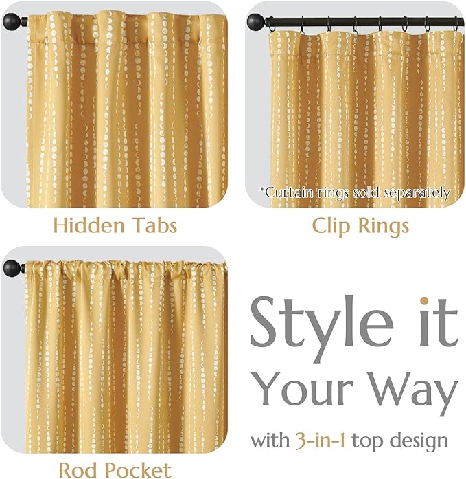 jinchan 95% Blackout Boho Curtains 63 Inch Length Moon Phases Printed Drapes Rod Pocket Thermal Insulated Curtains for Bedroom Nursery Mustard Yellow Window Drapes Curtain Set 2 Panels