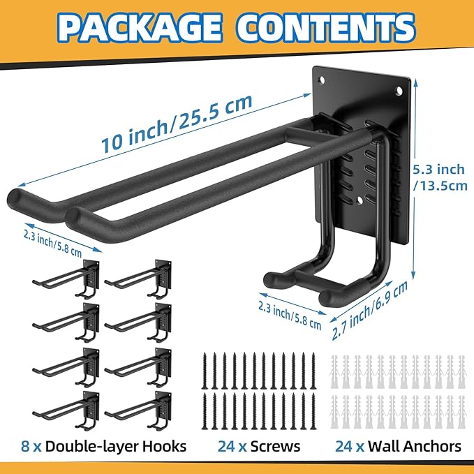 8 Pack Garage Hooks Heavy Duty 10 INCH Two-Tier Steel Shed Wall Mount Workshop Garage Storage Organizer Hooks for Hanging Garden Tool, Hose, Ladder, Chairs, Bikes with Anti-Slip Coating