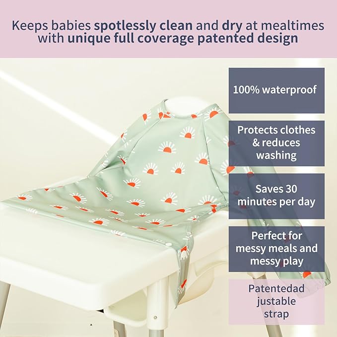 CoolaPeach Long Sleeve Baby Bib - Mess-Proof Feeding Bibs for Babies - Adjustable, Waterproof, and Highchair/Table Attachment
