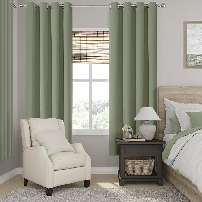 ChrisDowa 100% Blackout sage Solid Curtains 72 Inches Long 2 Panels for Bedroom Living Room,Farmhouse Room Darkening Thermal Insulated Soundproof Grommet Top Window Treatment Drapes,52x72