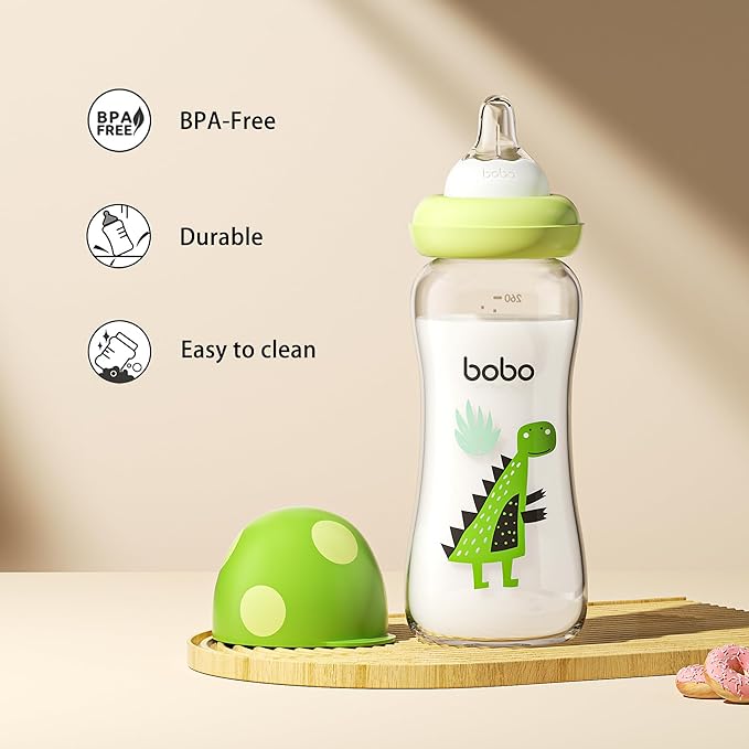 YOHKOH Natural Glass Baby Bottle with Level 2 Medium Flow Nipple, Newborn Anti-Colic Baby Bottles, Wide Neck Mushroom Baby Glass Bottle (8.8ounce (Pack of 2), Green2)